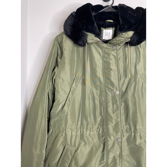 GAP Olive Green Faux Fur Hood Parka Coat Women’s M Long Puffer Utility Jacket - Picture 2 of 7